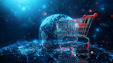 Global market, worldwide commerce, e-commerce, and international trade abstract concept. Shopping cart on Earth on dark blue background. Glowing low polygonal style. Modern design vector illustration