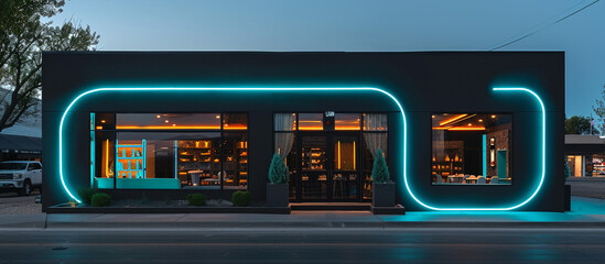 Obraz premium Contemporary boutique featuring a dark charcoal exterior with dynamic neon teal accents. The bright lighting adds a futuristic touch to the urban landscape