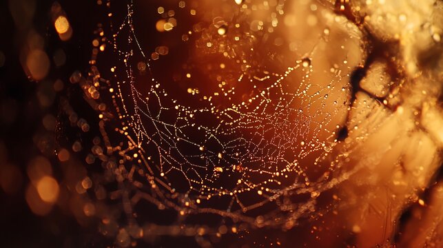 Close-up of dewdrops on spider web 