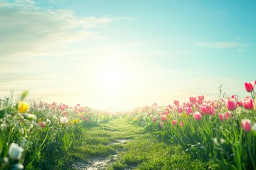 Obraz premium Serene Sunlit Meadow Filled with Colorful Tulips Under a Bright Sky Captured in a Wide-Angle Shot for Nature Lovers and Floral Enthusiasts