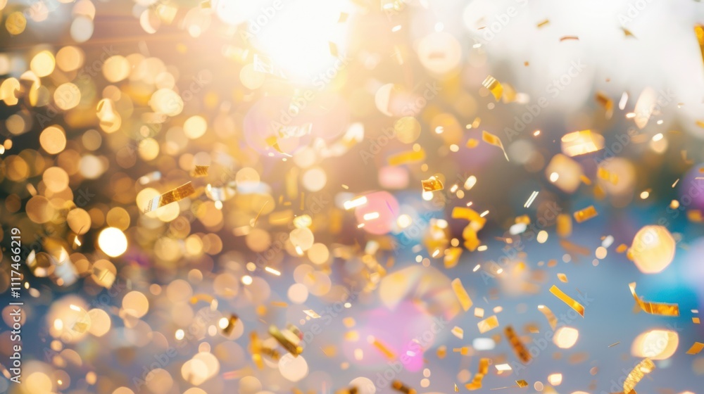 Poster bright golden confetti floating in soft focus with glowing bokeh lights, creating a vibrant and cele