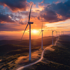 Expanding wind farm under a vibrant sunset along a winding dirt road in a hilly landscape