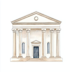 Fototapeta premium watercolor of classical bank building with columns and grand entrance. architectural details evoke sense of elegance and stability
