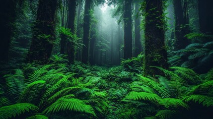Fototapeta premium Lush Green Rainforest Path Ferns Trees Misty Forest Nature Photography