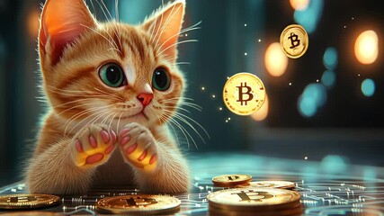 Curious cat with big eyes exploring Bitcoin coins in digital world of wealth and cryptocurrency. - Powered by Adobe