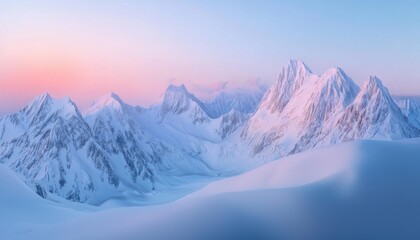 Obraz premium Serene winter landscape with majestic snow-covered mountains at dawn.