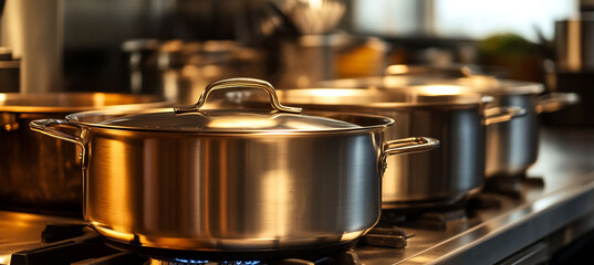 Set of stainless steel pots stove warm light illuminating kitchen shine of pots adds touch of elegance cozy scene making space feel both functional and inviting perfect for a relaxed cooking session