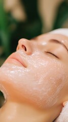 Fototapeta premium A relaxed woman with closed eyes undergoing a facial treatment, her skin glistening with a skincare mask in a serene setting.