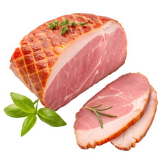 Smoked brisket pork loin decorated green basil leaf, isolated