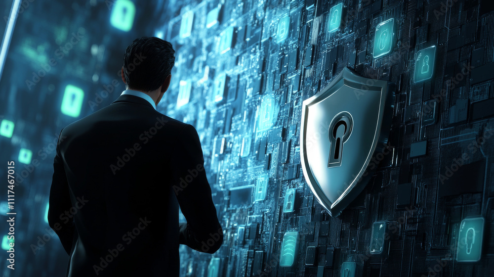 Poster cyber security concept banner with businessman protect data and confidentiality and data privacy pro
