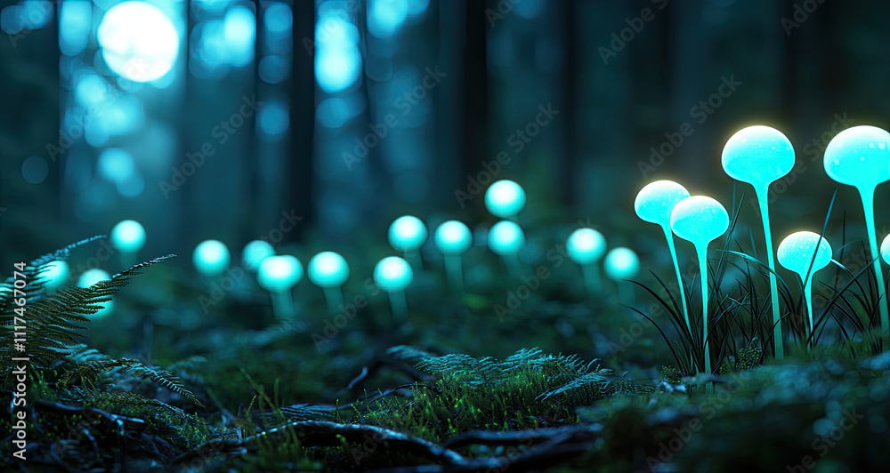 Poster glowing mushrooms illuminate a serene forest, creating a mystical atmosphere.