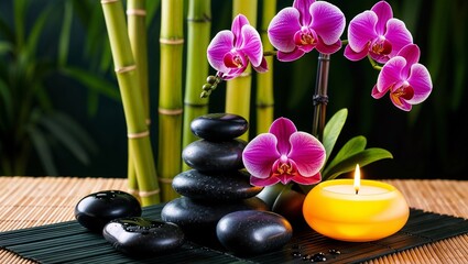 Smooth black basalt stones stacked in a pyramid formation on a dark bamboo mat. Next to the stones, position a vibrant orchid flowers.