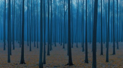 Misty, dark forest with rows of tall, slender trees.
