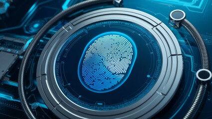 Biometric fingerprint scanner, advanced cybersecurity interface, holographic encryption overlay, metallic and glass textures