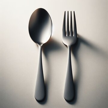 63 Spoon and Fork A stainless steel spoon and fork aligned paral