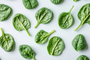 fresh green spinach leaves scattered on clean white background symbolizing healthy eating for veganuary