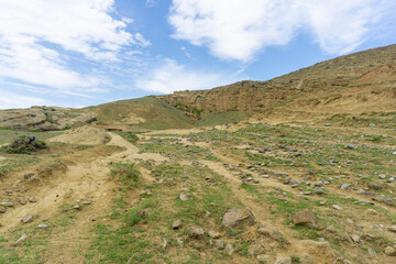 Sandstone rocks and stones covered with bushes and young grass. Blue sky with clouds and rocks in the background