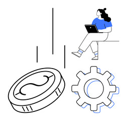 Young woman using laptop, large gear, and currency symbols illustrating technology integration in finance. Ideal for technology, finance, business development, innovation, productivity, digital