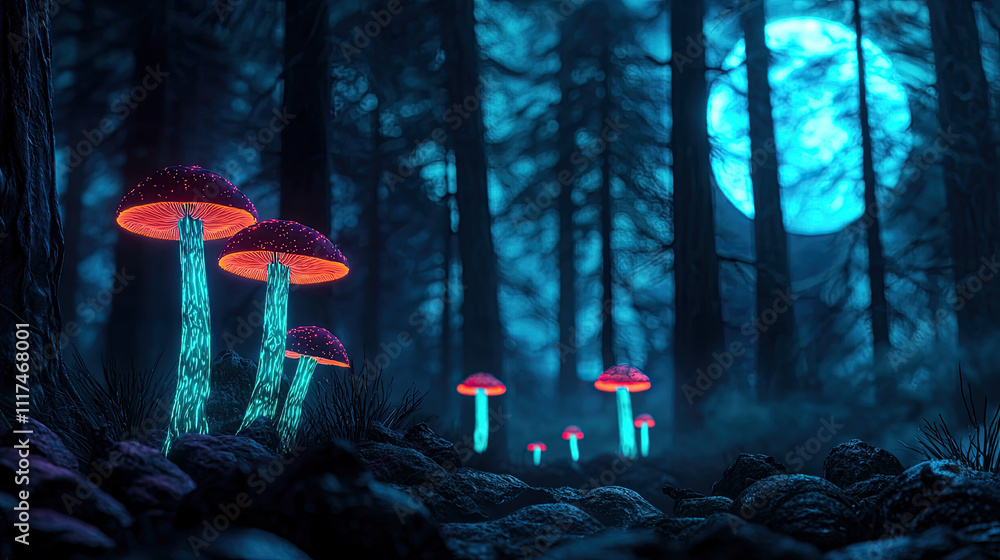 Poster glowing mushrooms in a dark forest illuminated by a bright full moon.