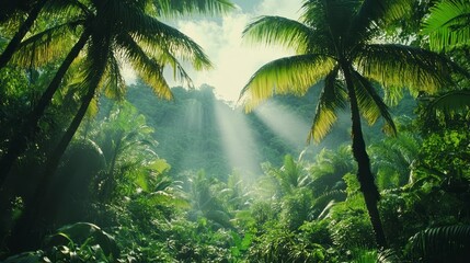 Naklejka premium Lush Tropical Rainforest Paradise Sunbeams Through Palm Trees