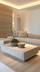 Minimalist living room with a neutral sofa, a modern stone coffee table, and soft overhead lighting that enhances the calm environment