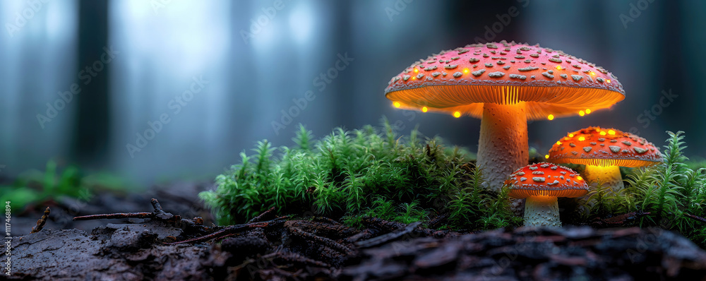 Poster glowing mushrooms in a misty forest create a magical, enchanting atmosphere.
