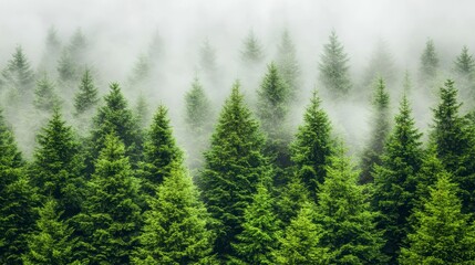 Misty Evergreen Forest Coniferous Trees Nature Background