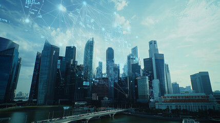 Singapore city skyscraper downtown panoramic view. Digital interface with line connection with cubes in the foreground. Concept of trading in modern megapolis