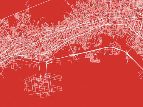 Christmas Map of Ashiya, Japan in Snowy White on Festive Red Background.