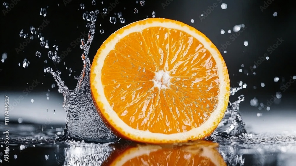 Aufkleber fresh orange slice splashes in water creating a vibrant display of droplets and color in a dark sett