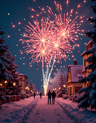 A people in the village staring fireworks in the snow for new year