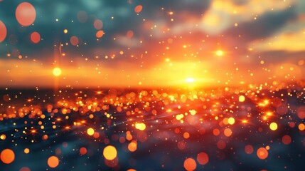 Fototapeta premium Breathtaking sunset sky filled with glowing orange red and yellow rays of light creating a magical dreamlike atmosphere with blurred sparkling bokeh lights in the background A mesmerizing