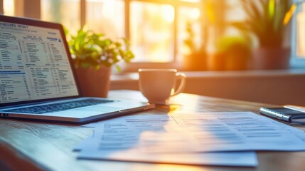 Sunlit Workspace Laptop Documents Coffee Financial Data Analysis