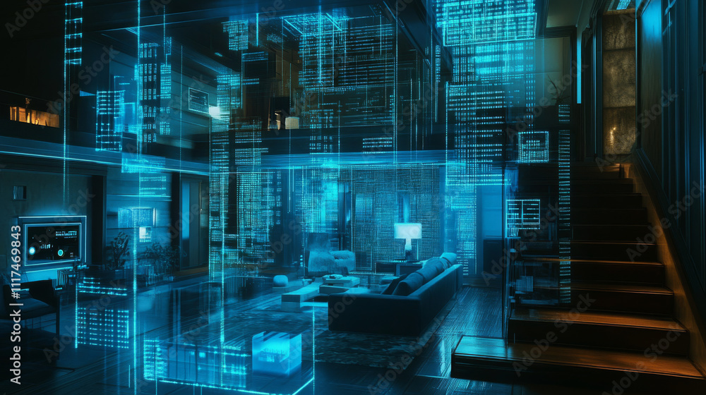 Aufkleber smart home technology conceptual banner. building consists digits and connected with icons of domest