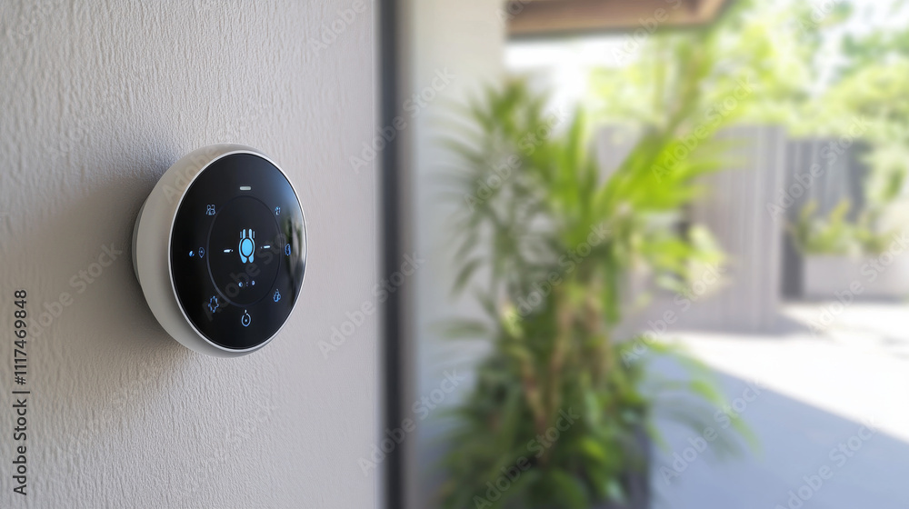 Aufkleber smart home technology conceptual banner. building consists digits and connected with icons of domest