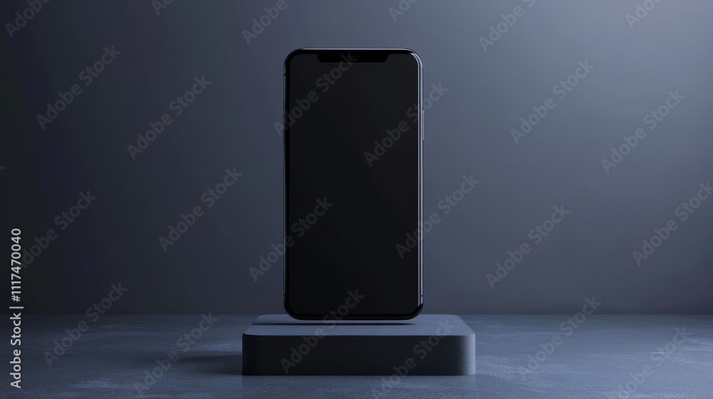 Poster modern smartphone with blank screen standing on a concrete podium with grey background. concept of t