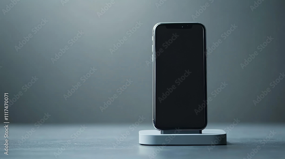 Poster modern smartphone with blank screen standing on a concrete podium with grey background. concept of t