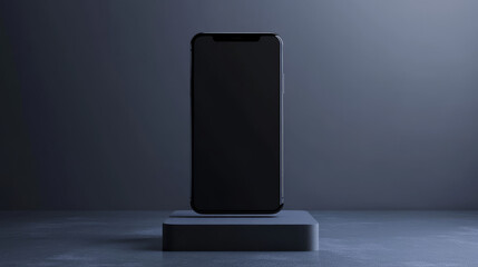 Modern smartphone with blank screen standing on a concrete podium with grey background. Concept of technology and electronic device. 3D Rendering