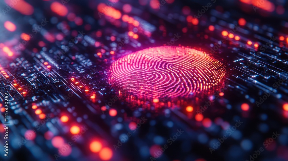 Aufkleber glowing fingerprint on a circuit board, representing digital security and biometrics.
