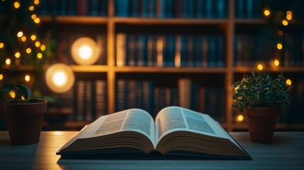 Fototapeta premium Open Book Cozy Reading Room Night Lights Plants Bookshelf Background