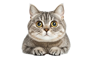 Fototapeta premium An adorable portrait of a silver tabby British Shorthair cat with its eyes wide open, exuding charm and personality. The intricate patterns of its fur are highlighted,