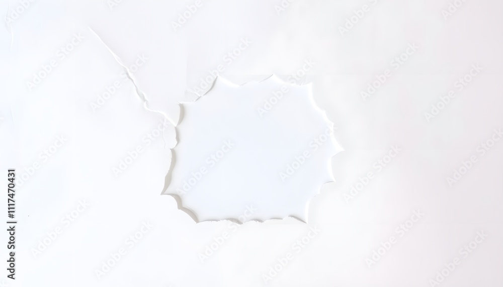 Poster a closeup shot reveals a circular hole torn in a white paper surface. the edges are ragged and uneve