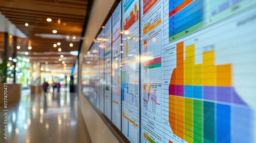 Poster modern office data analytics display charts graphs on screens