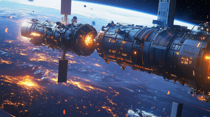 Black blue tech futuristic background. Abstract vector. Sunrise. Satellites and rockets in orbit of planet Earth. Plasma clot of energy. Glowing rays with flickering particles. Science and technology.