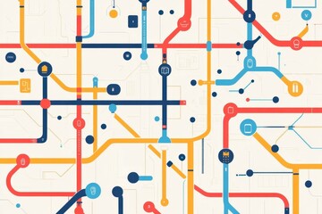 Abstract transit map with colorful lines and nodes representing connections.