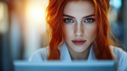 Closeup Portrait Redhead Woman Serious Expression Digital Tablet