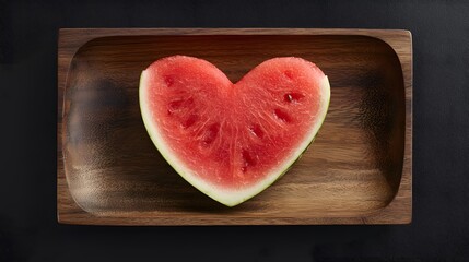 Naklejka na ściany i meble Watermelon fruit for hydration concept. A heart-shaped slice of watermelon resting on a wooden tray, showcasing vibrant red flesh and a smooth green rind against a dark background.