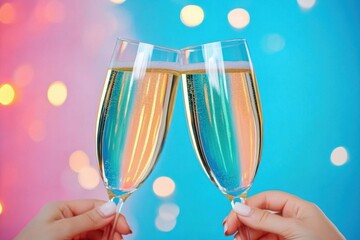 Dos copas de champan chocando entre si brindando en una celebracion o fiesta. Concepto fondos navideños- fin de año- bodas- aniversarios- San Valentin- cumpleaños