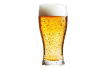 A tall, frosty glass of golden beer filled to the brim, showcasing a thick, frothy white head. The condensation on the glass creates a refreshing look, with bubbles rising to the surface.