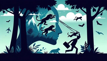 Silhouette of a person escaping wild animals and natural elements